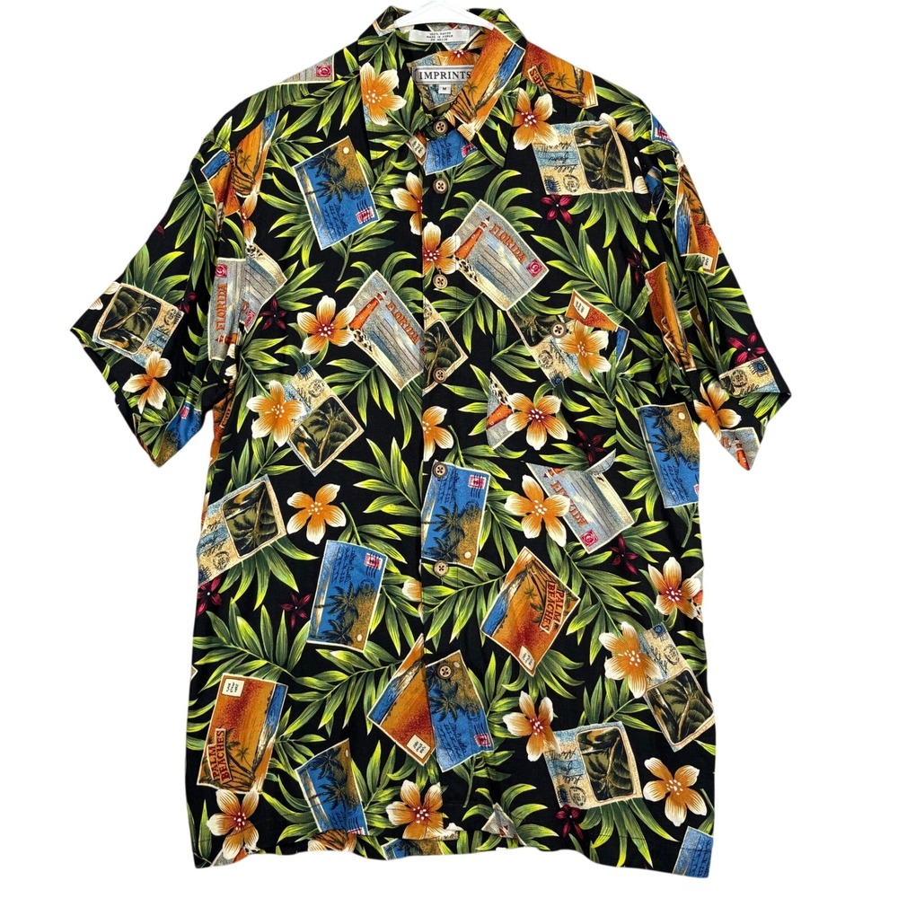 Imprints Vintage Hawaiian Shirt Mens M Florida Postcard Button Front